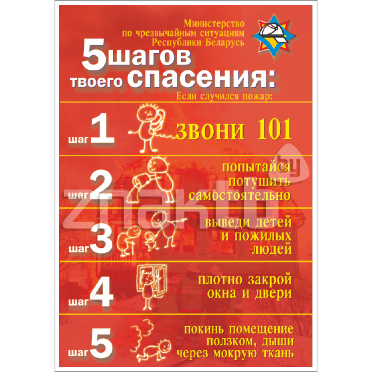 Плакат по охране труда "5 шагов спасения. Если случился пожар"