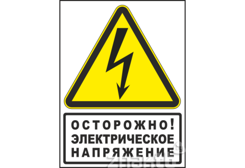 Знак Осторожно! Электрическое напряжение (с поясняющей надписью)