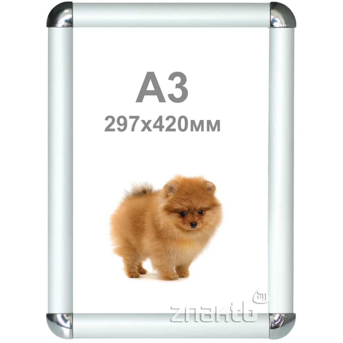 852112 Клик рамка А3 алюминиевая c зеркальными уголками 32 мм серебристая матовая